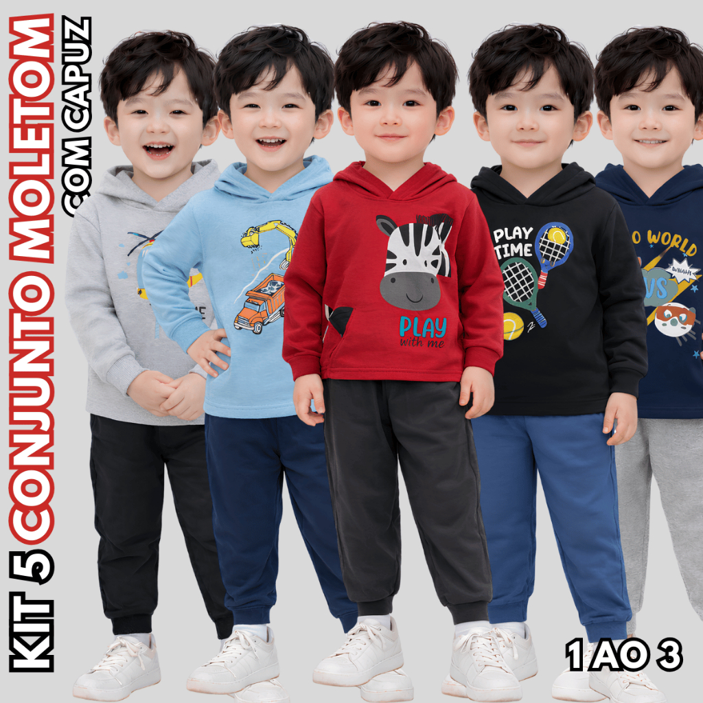 Kit 5 Conjunto Capuz Moletom Inverno Masculino Tam 1 ao 3 Estampado Confortável Gatinho Escola Macio
