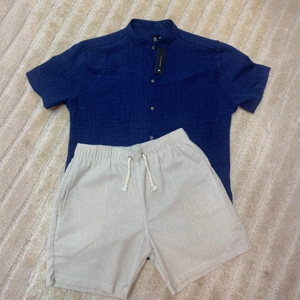 Kit Camisa Gola Padre + Bermuda Masculino Linho Premium Manga Curta Social Casual Verão