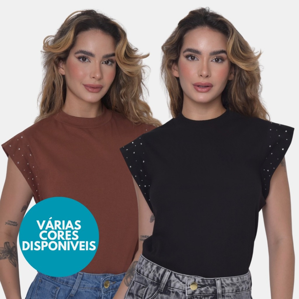 Camiseta Feminina Muscle Tee com Strass no Ombro Regata Ampla Ombreira Blusa Estampada em Oferta na Shopee