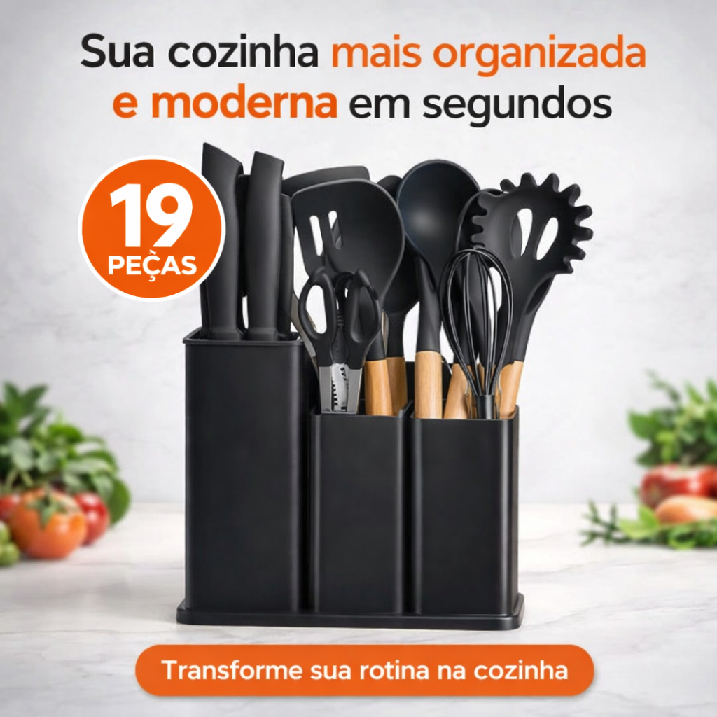 Kit Utensílios Cozinha Silicone 19 Peças Cabo Madeira Antiaderente Completo com Suporte Organizador