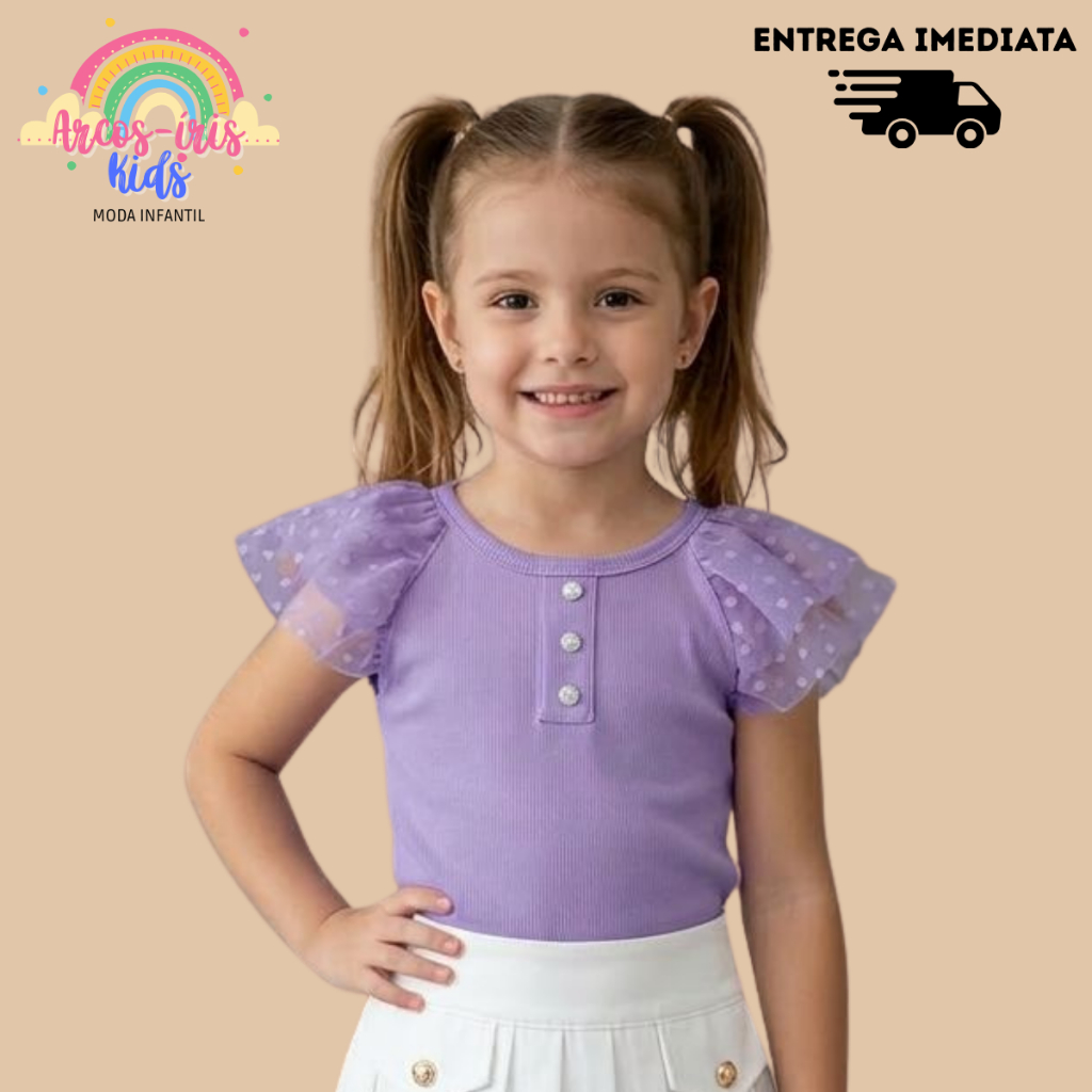 Blusinha Infantil com Manga Transparente Tule Roupa Estilosa Feminina Criancas Passeio Brilhar Linda
