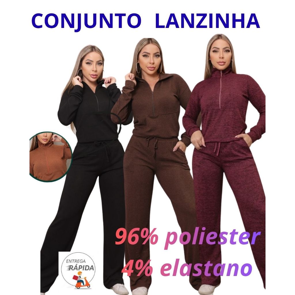 Conjunto Feminino Lanzinha Outono E Inverno  2 Peças Calça Pantalona e Blusa com zíper na frente