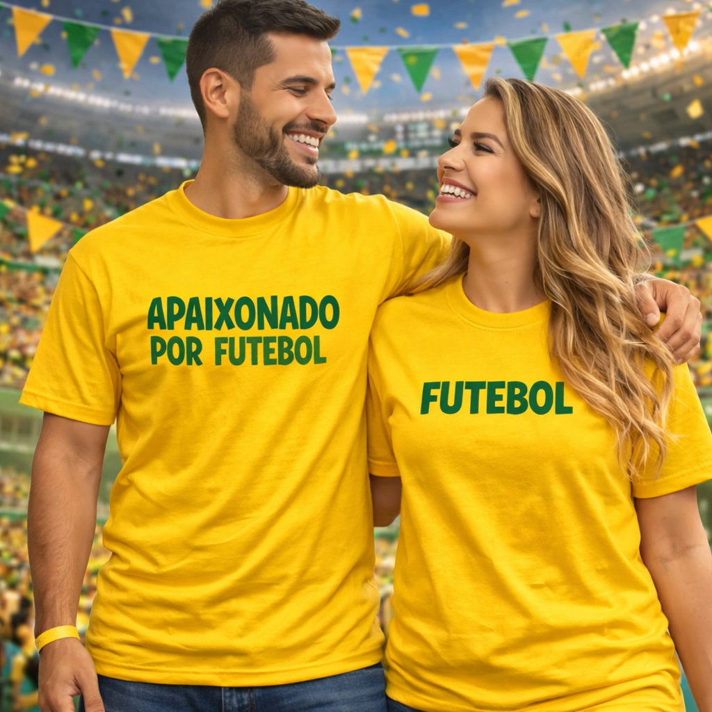 Kit 2 Camiseta Camisa Casal Combo Frase Criativa Apaixonado Por Futebol Copa Brasil Tendência Oferta