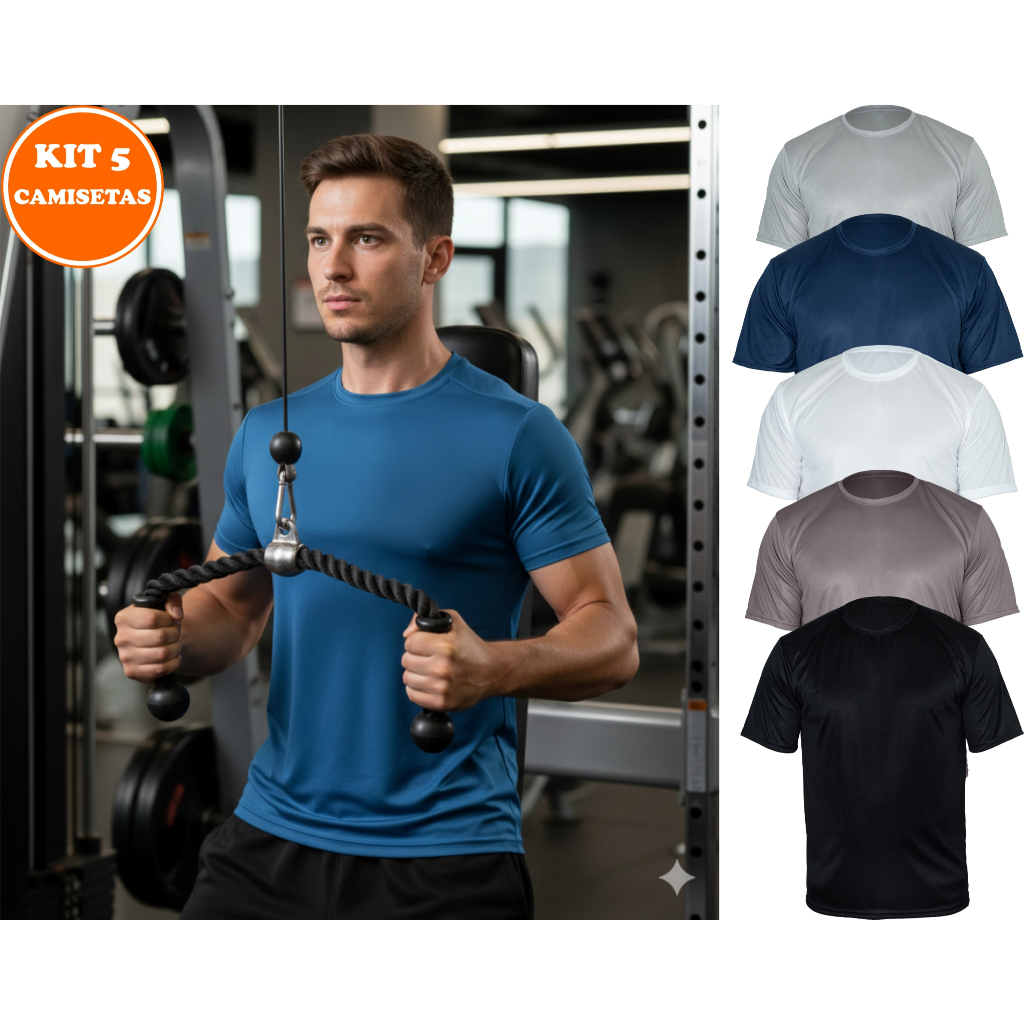 5 Camisa Masculina Dry Fit Poliéster Roupa de Academia Treino Corrida UV50 Secagem Rápida Respirável