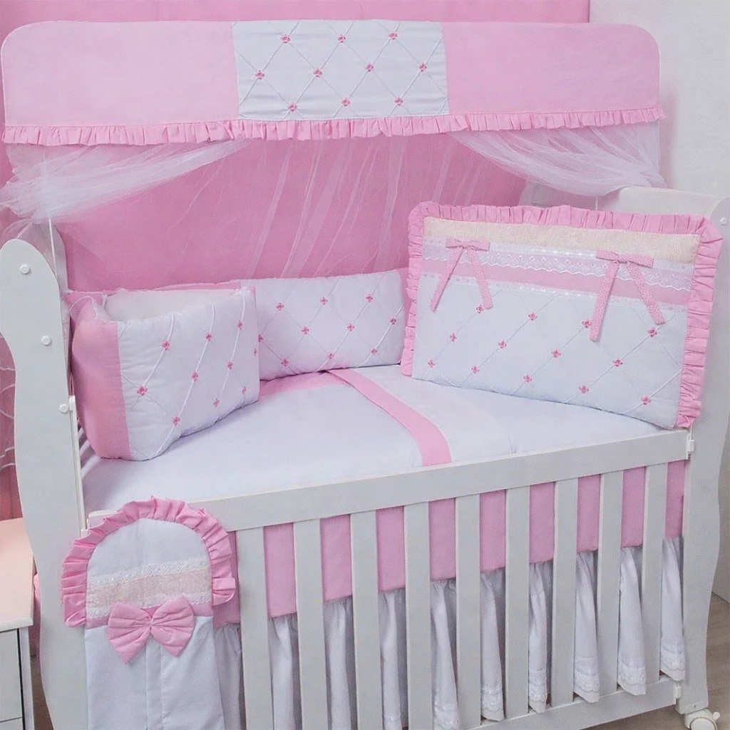 Kit Berço Enxoval Bebe Menina Baby Flower Rosa 9 Peças