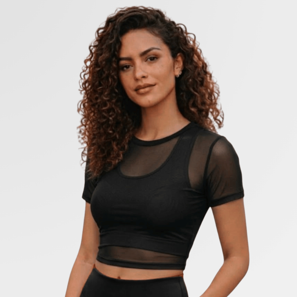 Cropped Tule Feminino Transparente Manga Curta Diversas Ocasiões Academia Casual