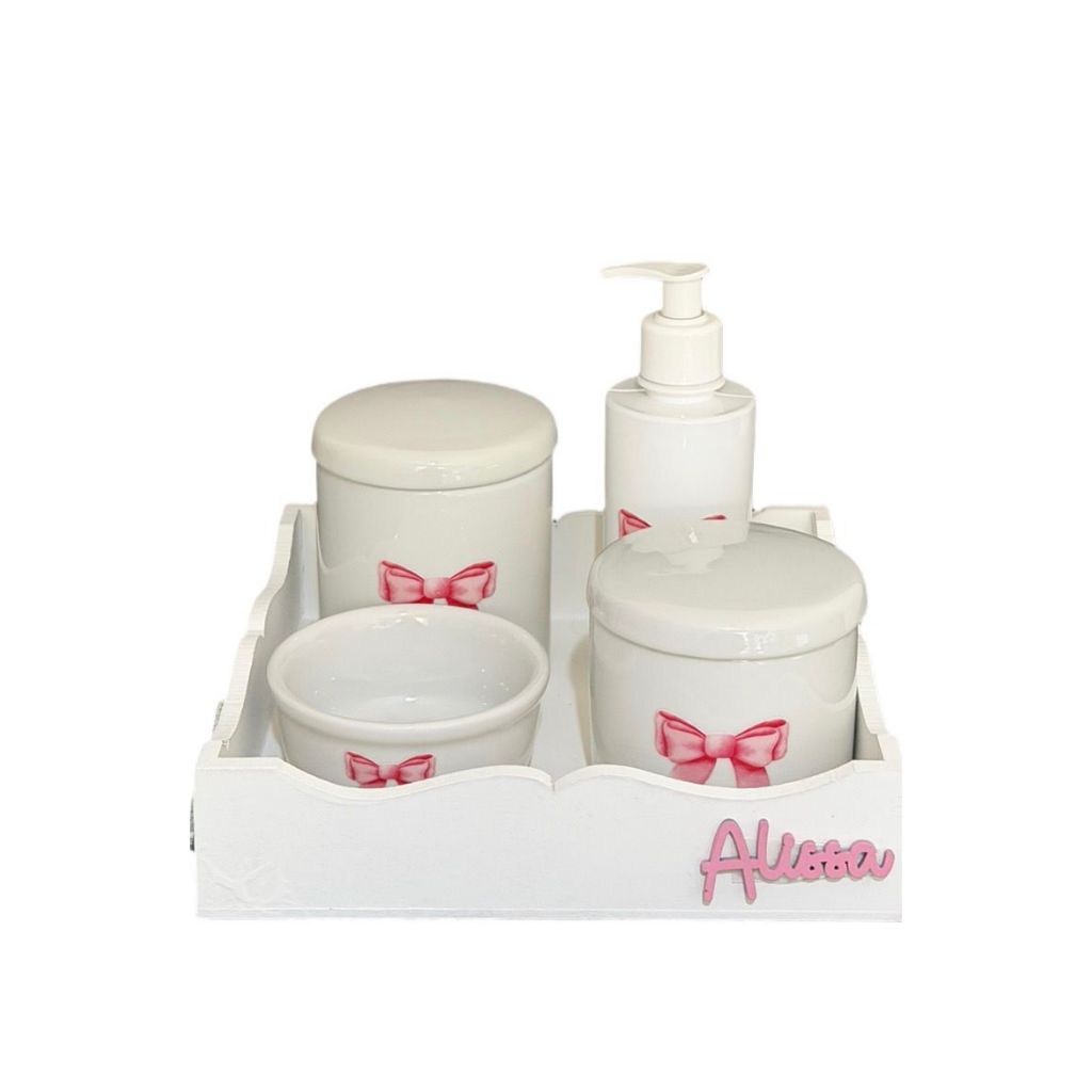 Kit Higiene Bebê Porcelana Lacinho ou Bailarina Bandeja Ondinha Adesivo Dtf Uv Com Nome Personalizado
