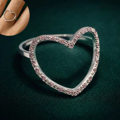 Anel Coração Vazado Cravejado Rosa Bebê em Prata 925 Legítima Feminino Delicado Romântico