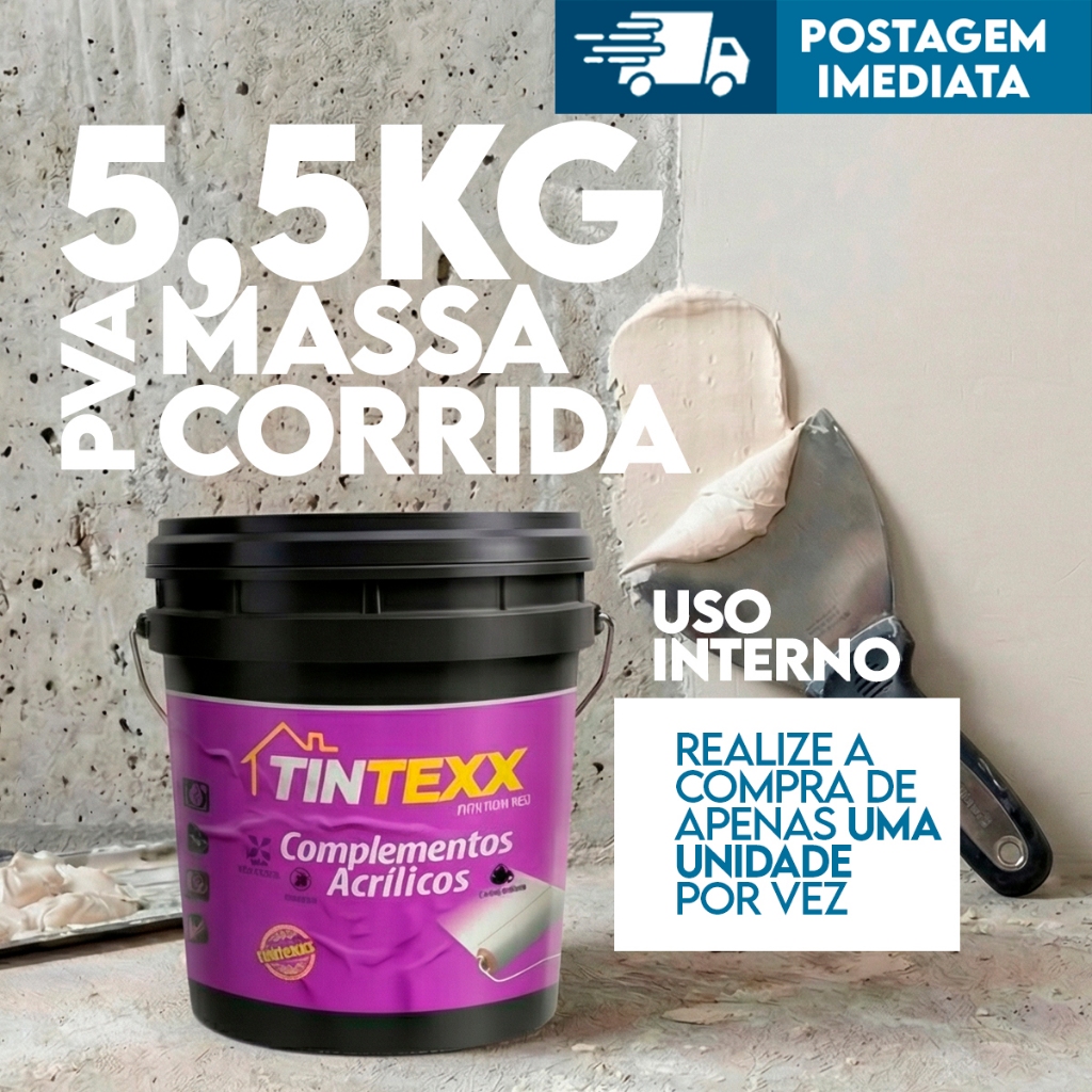 Massa Corrida 5,5kg TINTEXX Premium Pva Acabamento Nivelador Fácil Aplicação branca parede reboco