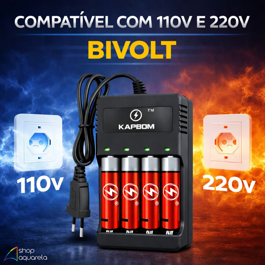 Carregador de Pilhas AA e AAA Kapbom Rápido Bivolt