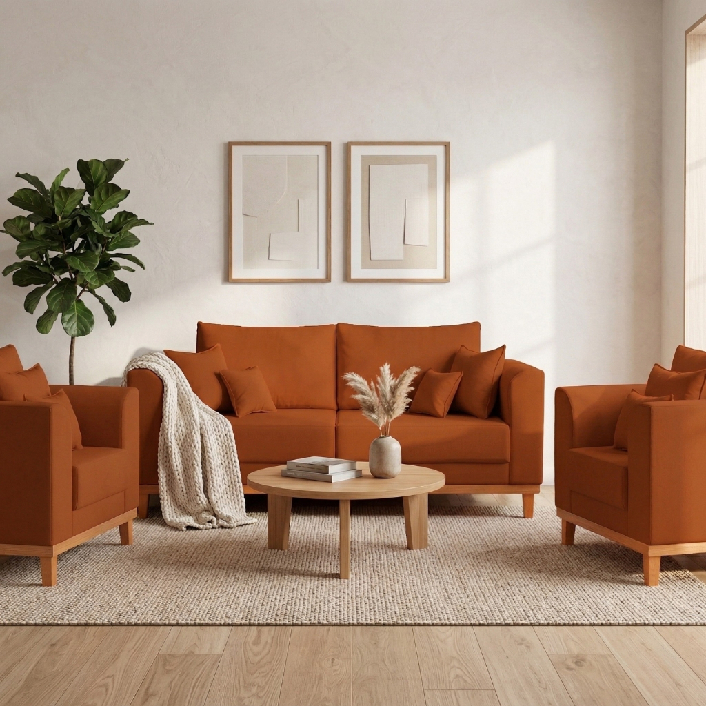 Kit Sofá 3 Lugares e 2 Poltronas Sala de Estar Beny Suede Terracota