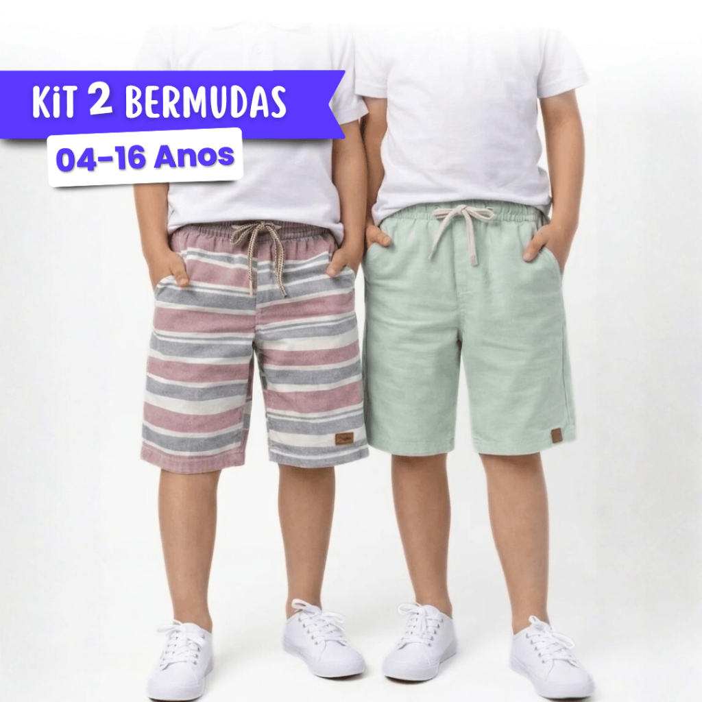 Bermuda Infantil Masculina Algodão Kit com 2 Menino Cós Elástico Roupa Infantil Linho Bermuda Brim