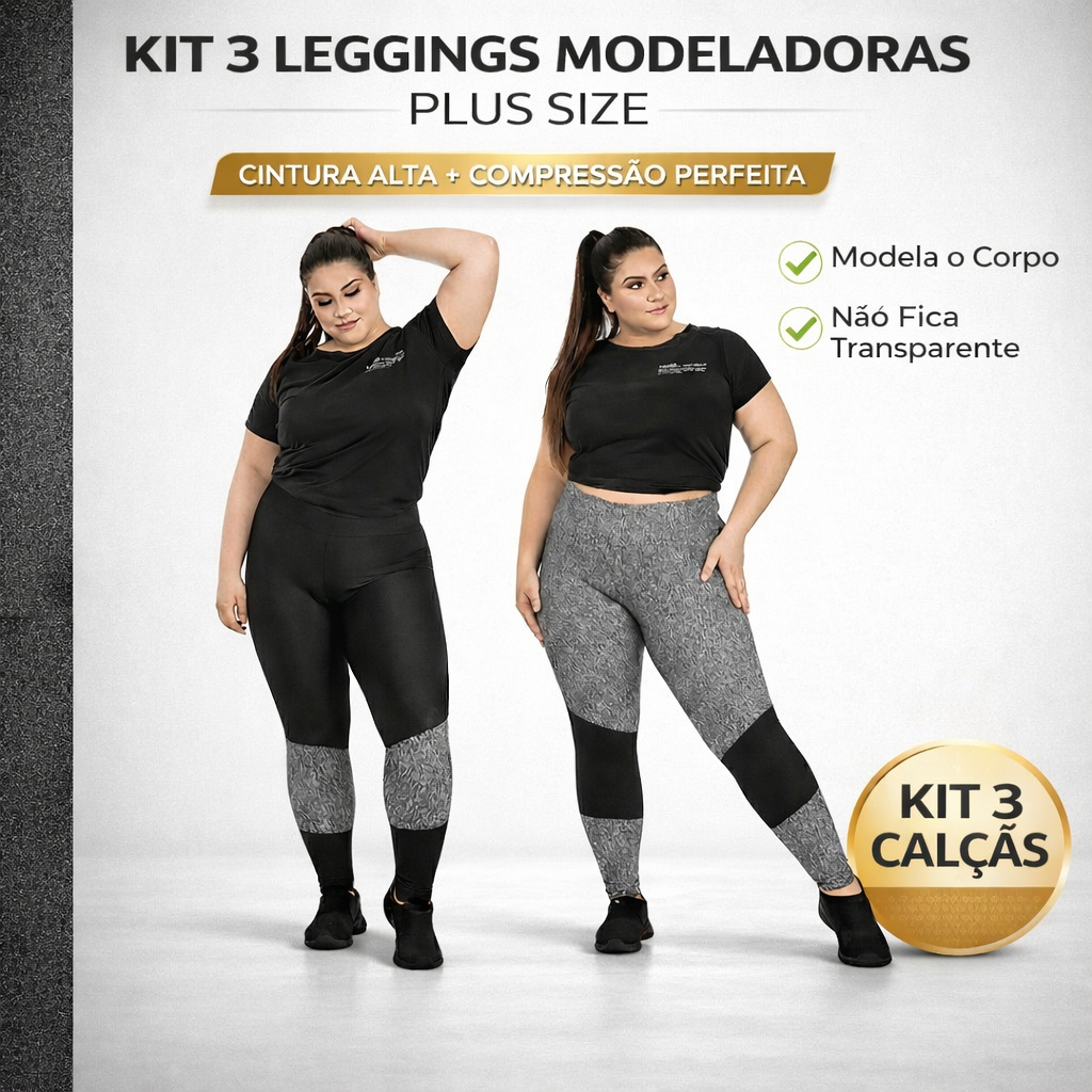Kit 3 Leggings Plus Size Feminina Cós Alto em Suplex com Detalhe G1 G2 G3 50 ao 56 em Oferta na Shopee