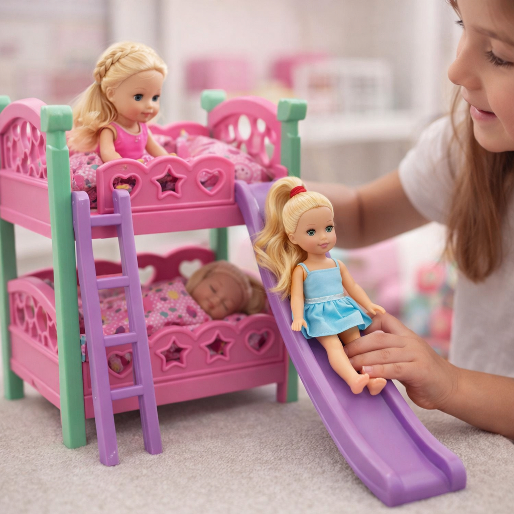 Berço de Boneca Beliche com Escorregador Infantil – Brinquedo Educativo com Escada e Colchão