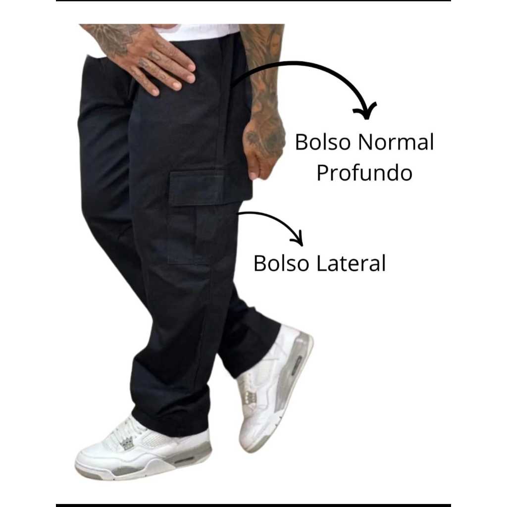 Calça Cargo Masculina Sarja Premium – Preta com Elástico (Corte Reto Tradicional) 6 Bolsos Estilo Diferencial — imagem 2 de 2