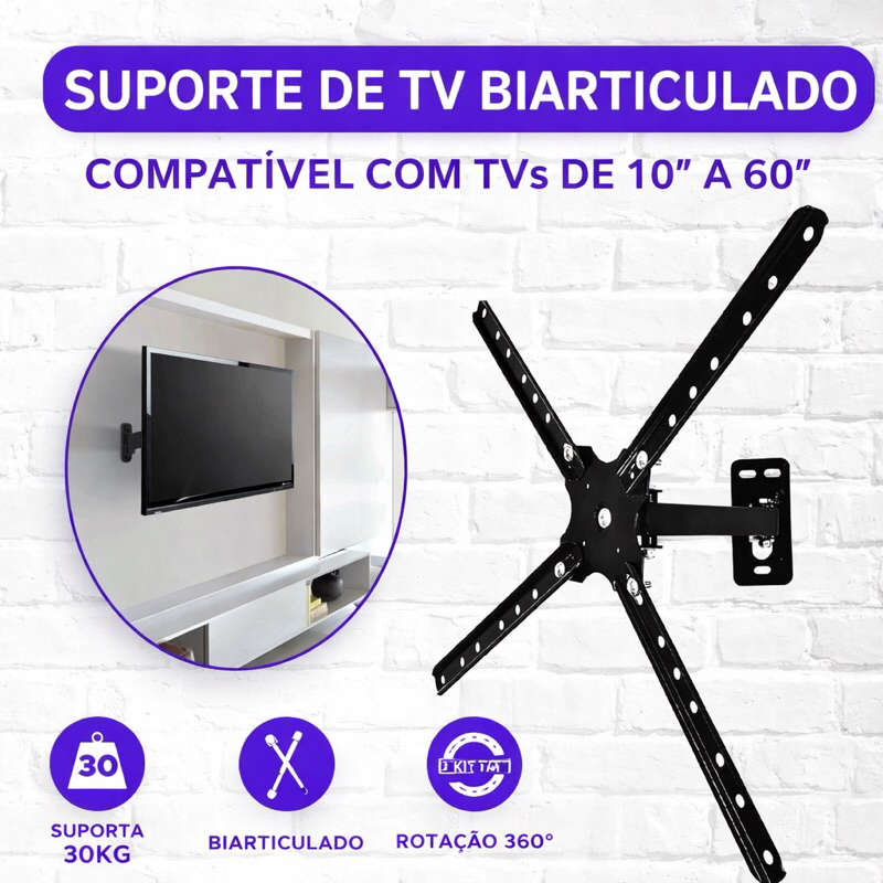 Suporte de TV Articulado Biarticulado 10 a 60 Polegadas Braço Longo Até 30kg Padrão VESA Universal