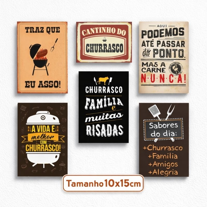6 Placas Decorativas Churrasco 🍖 10x15cm Vinil Não Desbota + Dupla Face Área Gourmet