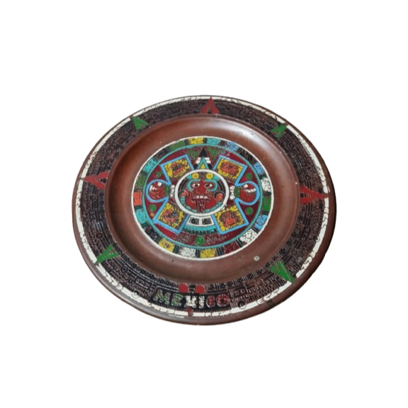 Prato Decorativo Em Cobre Puro - Calendário Asteca México - Relevo Colorido