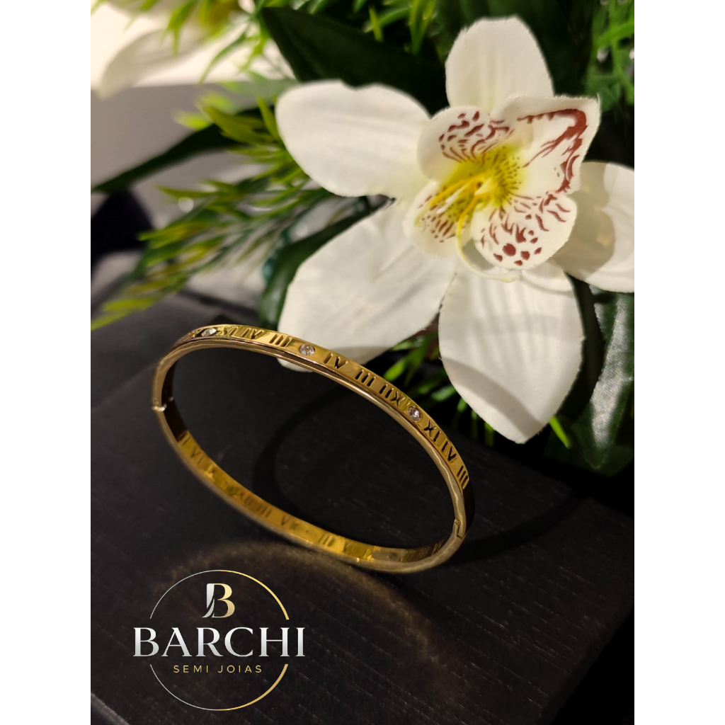 Pulseira Bracelete Números Romanos Dourada ou Prata em Aço Inoxidável 316L Feminina Elegante e Antialérgica