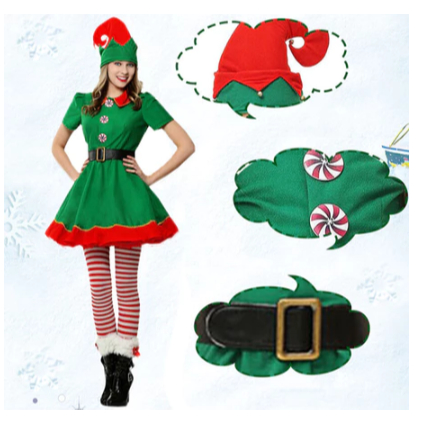 Mulheres Papai Noel Traje Verde Elfo Vestidos Roupa Natal Cosplay Uniforme Vestido Com Chapéu Meia Ano Novo Fantasia