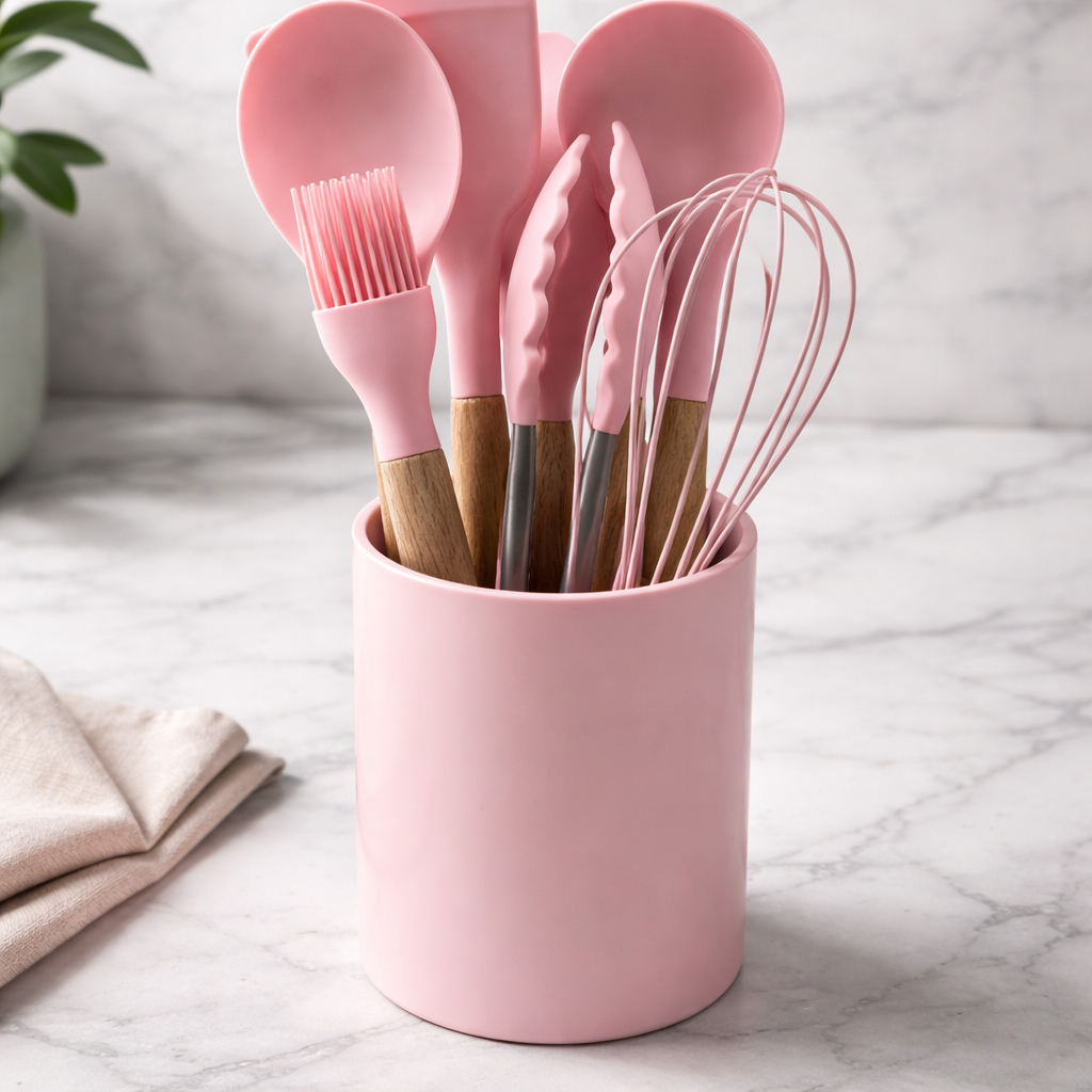 Kit utensílios silicone 8 pç cozinha antiaderente cabo madeira suporte completo resistente prático mesa posta elegante