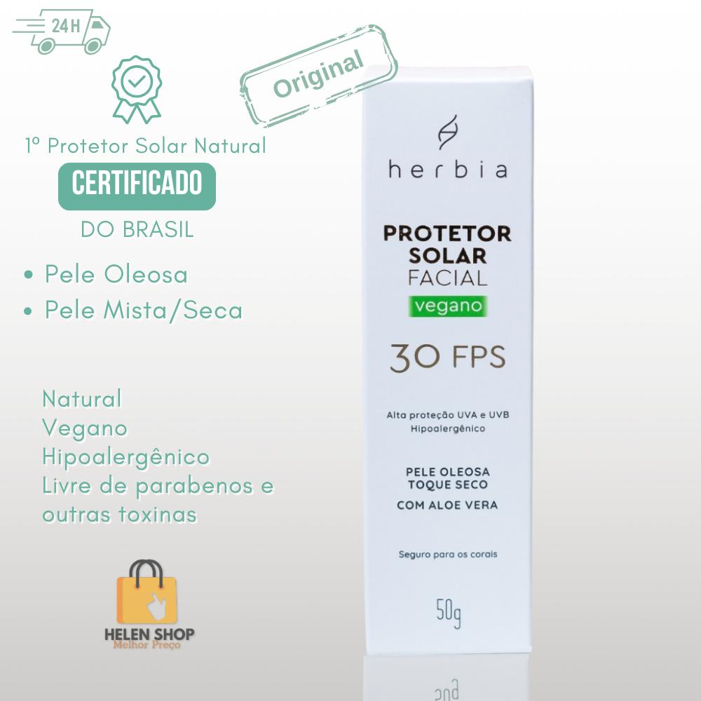 Protetor Solar Rosto Facial Natural HERBIA 50g Vegano FPS 30 Pele Oleosa filtro Certificado IBD