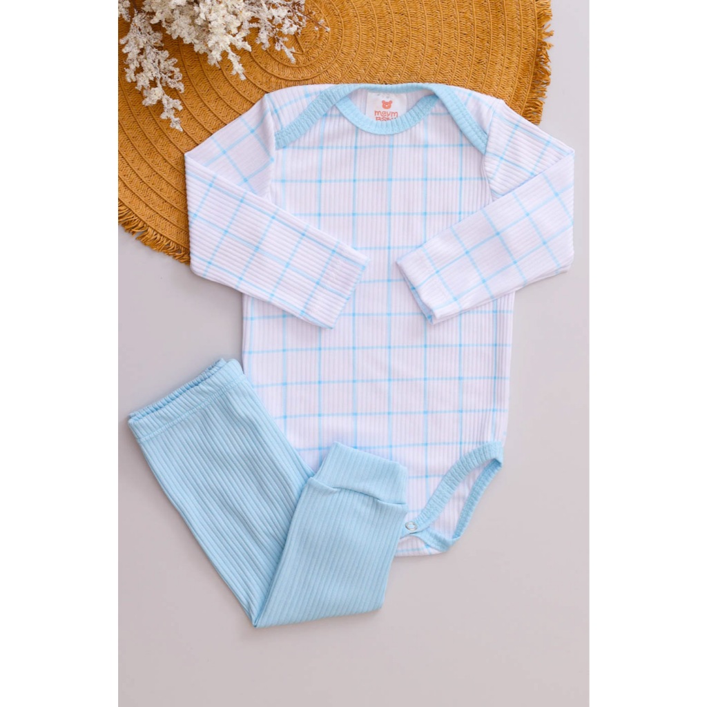 Conjunto Bebê Canelado Menino Body Xadrez e Calça Azul Bebê