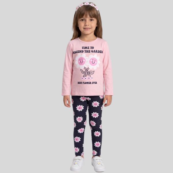 Conjunto Infantil Longo de Menina Estampado Camiseta e Legging Confortável Inverno Meia Estação Flores