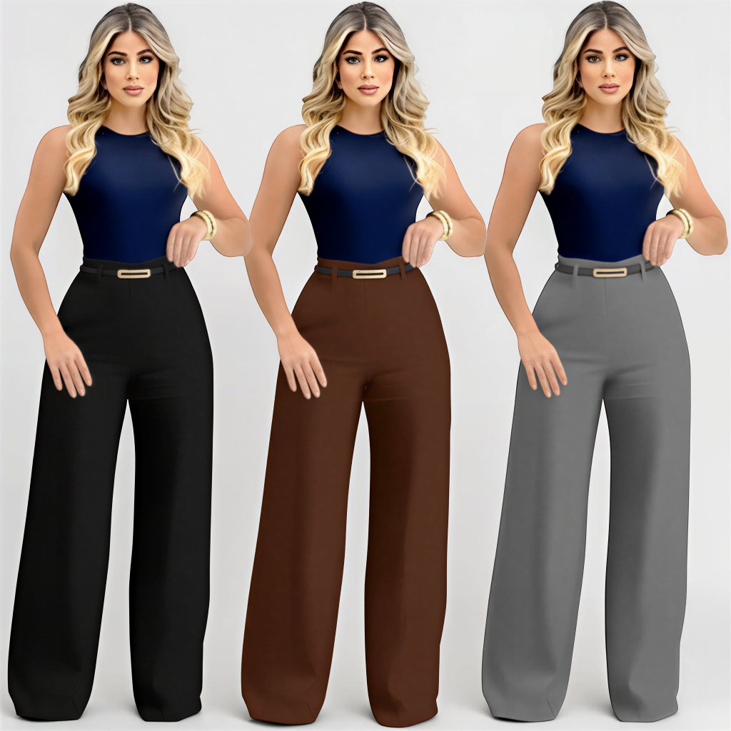 Kit 3 Calça Pantalona Alfaiataria Premium Feminina Com Cinto Bolso e Ziper Lateral
