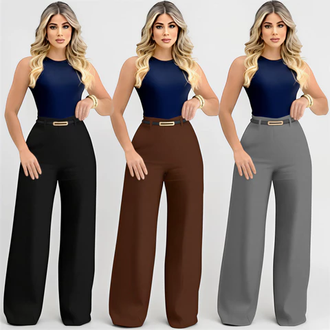 Kit 3 Calça Pantalona Alfaiataria Premium Feminina Com Cinto Bolso e Ziper Lateral