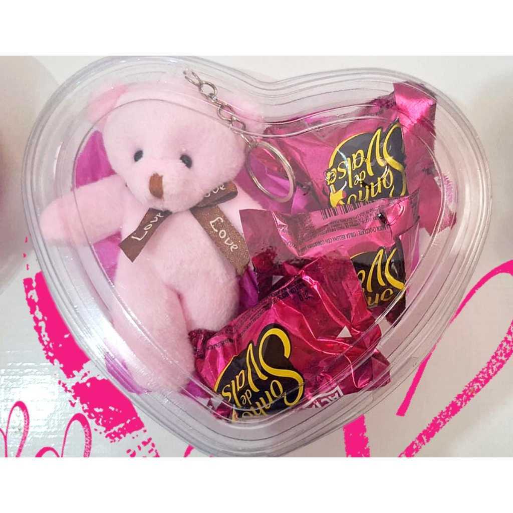kit 16 coração transparente com 3 bombons de chocolate e 1 chaveiro de ursinho/presente/lembrancinha/p qualquer ocasião