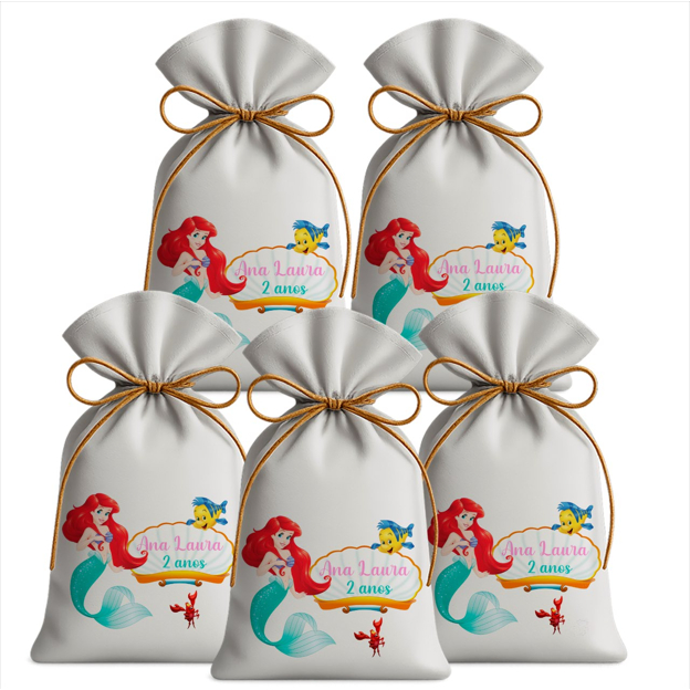 Saquinho Sacolinha Lembrancinha Festa Aniversário Infantil Tecido Personalizado Ariel Pequena Sereia