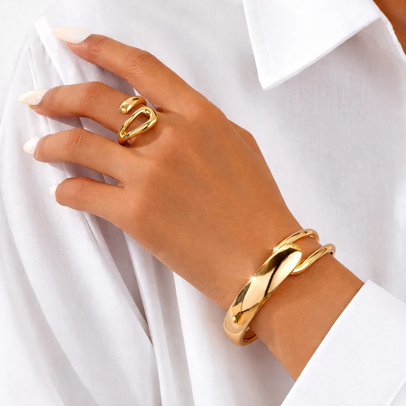 Kit Pulseira + Anel Feminino Ouro 18K com Garantia – Estilo Minimalista Luxo, Design Geométrico Moderno