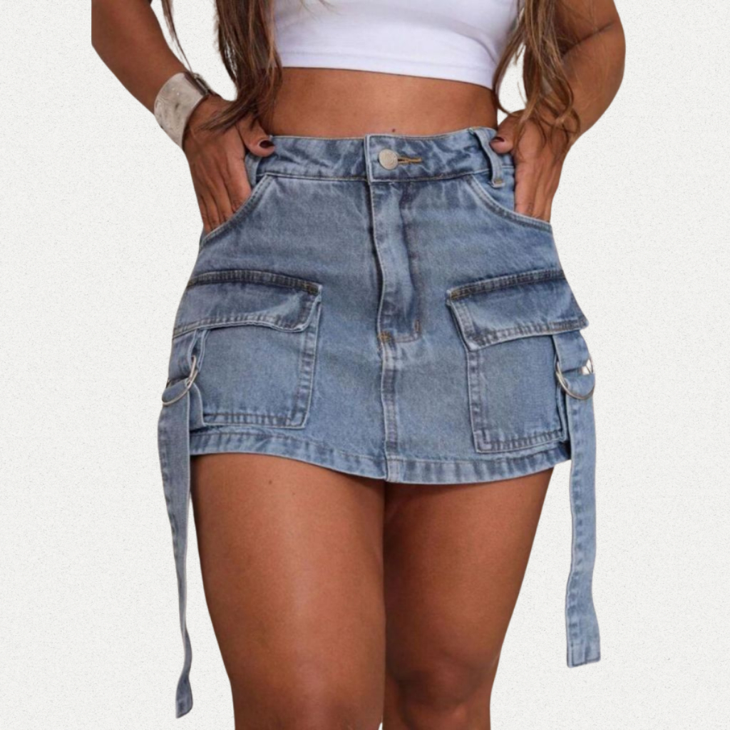 Short Saia Cargo Jeans Feminino Cintura Alta Bolsos Laterais Design Moderno Estiloso Casual Versátil
