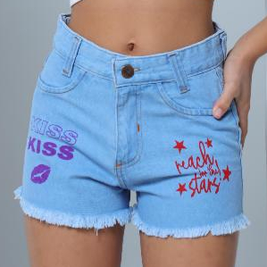 Short Infantil Jeans Menina Estampado Kiss Star Barra Desfiada em Oferta na Shopee