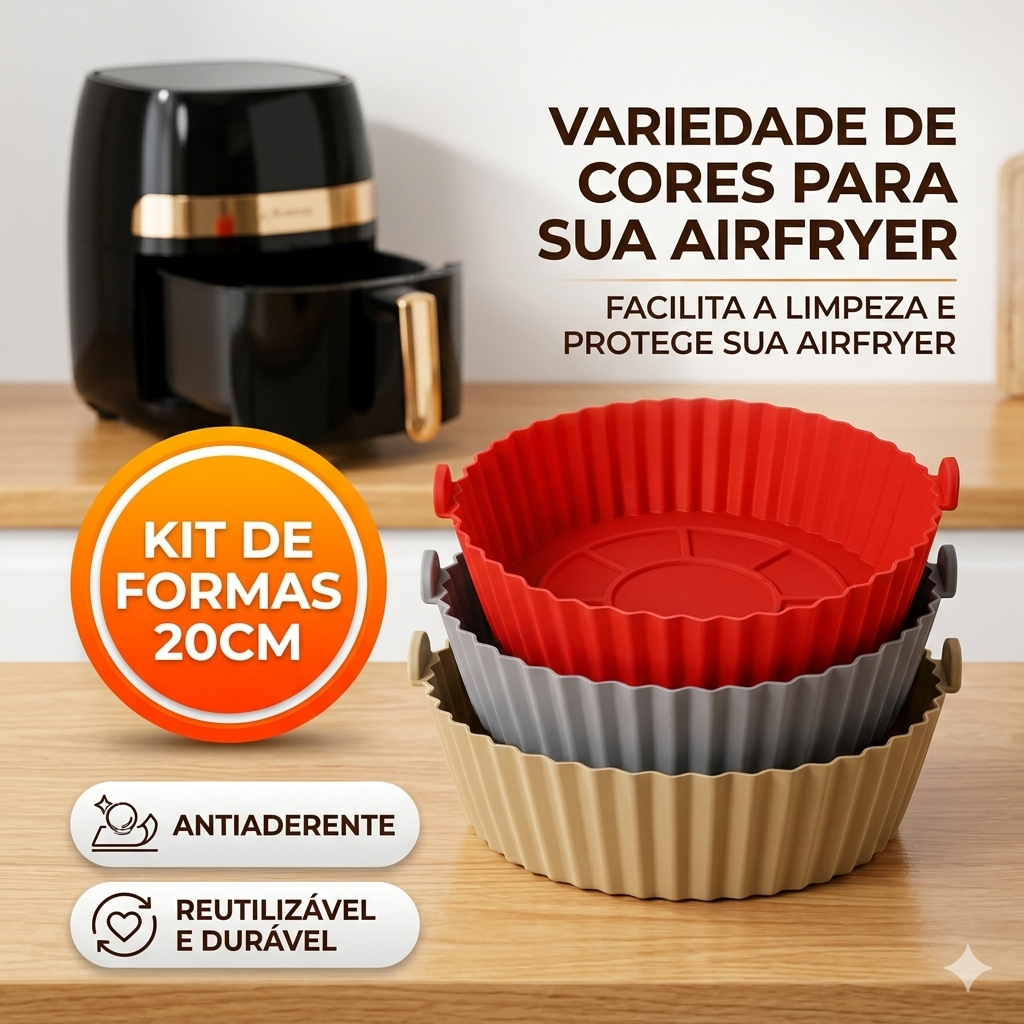 Forma de Silicone Airfryer Redonda com Alça Forno Fritadeira Reutilizável Antiaderente Flexível