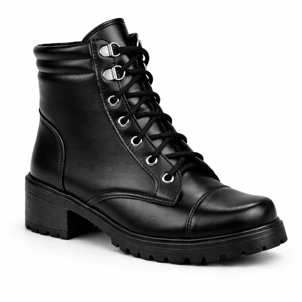 Bota Coturno Salto Baixo Aplicação Metal Preto