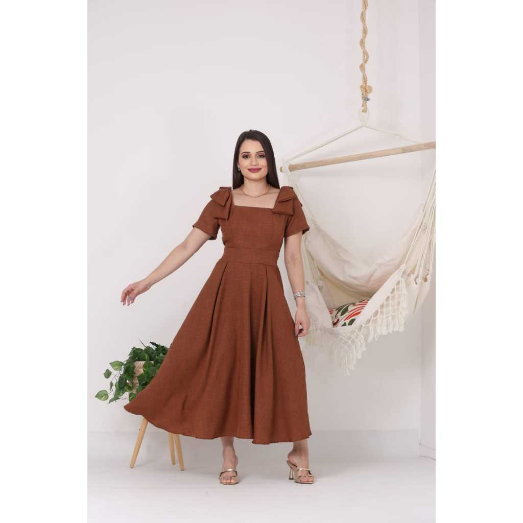 Vestido Midi Feminino em tecido DunaLinho com Laço na Manga, com elastex nas costas e sem bojo