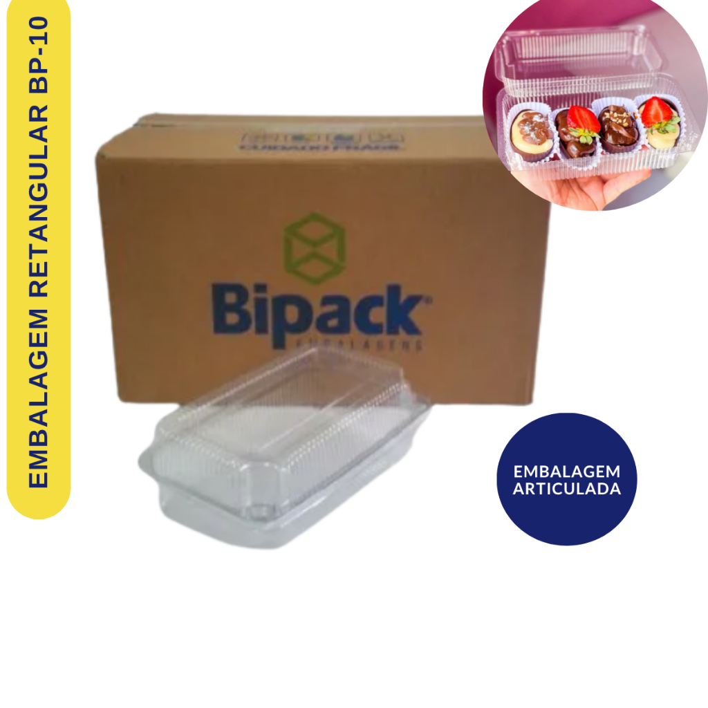 Embalagem PET Retangular Articulada Bipack BP10 caixa com 100 Para Doces e Salgados Pequena Alta