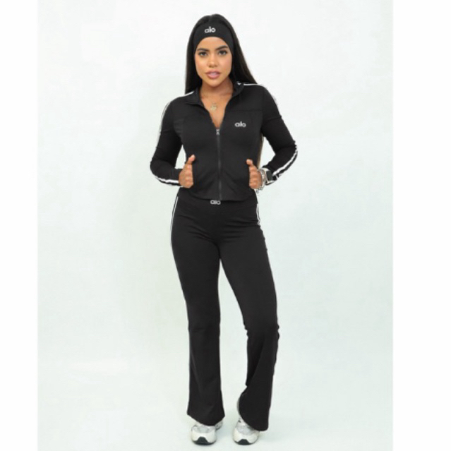 Conjunto Importado PRETO AL Fitness - Jaqueta + Calça flare cintura Alta Modeladora