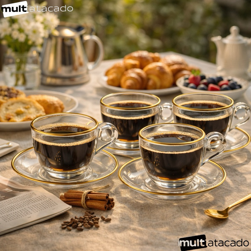 Jogo De Xicara De Luxo Vidro Com Borda Dourada + Pires Linha Hauskraft Premium 85ml Ou 170ml