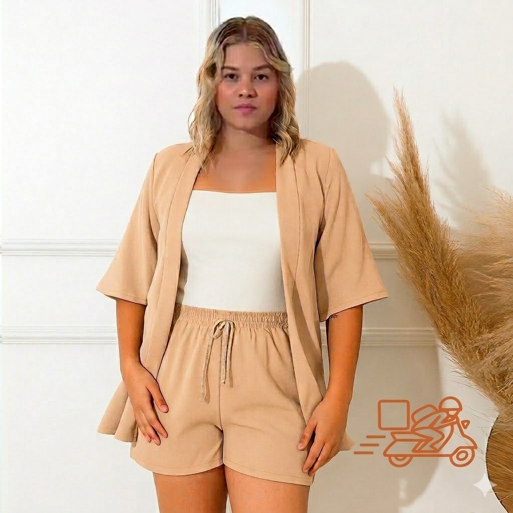 Conjunto feminino Short e Kimono 2 peças tecido duna moda casual Elegante