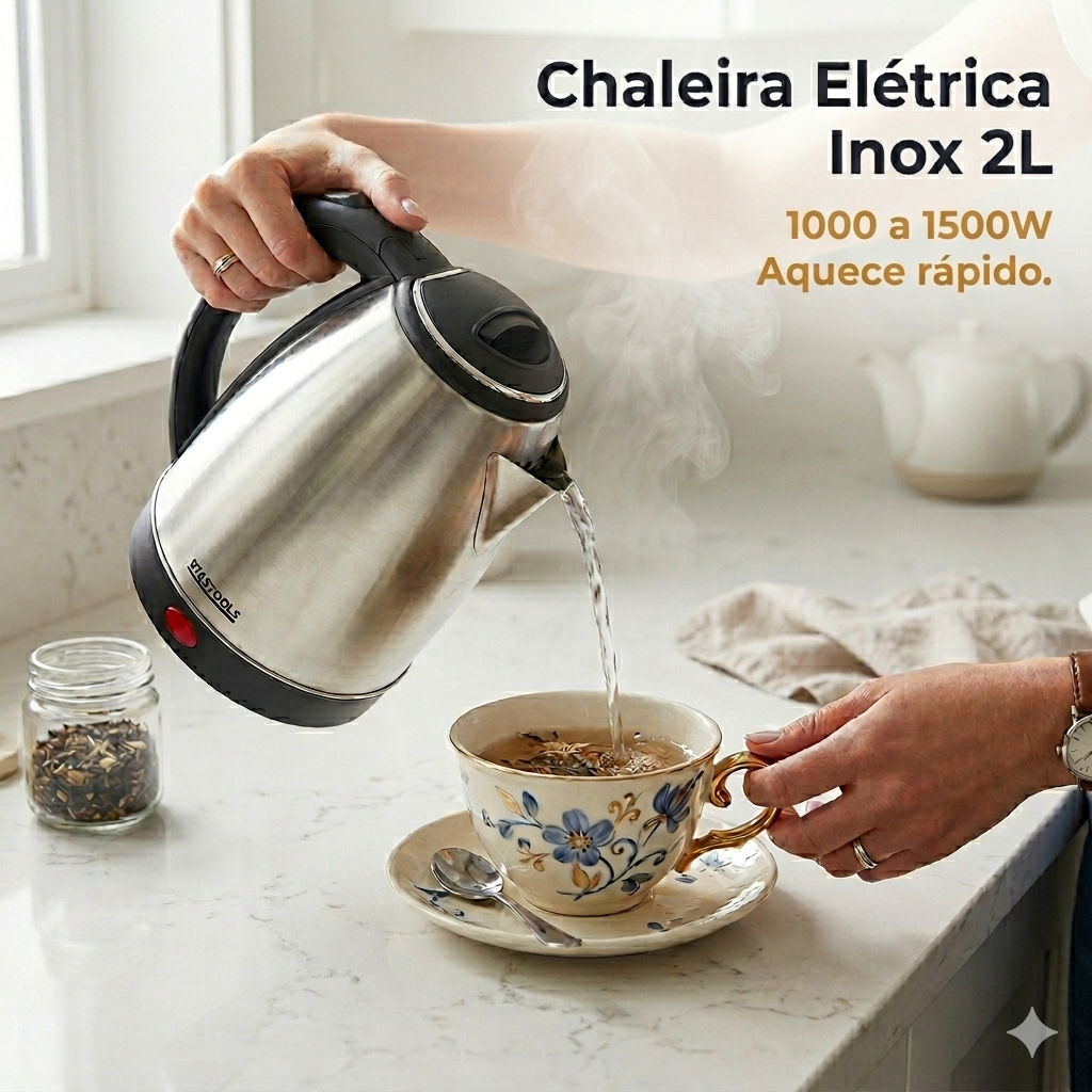 Chaleira Elétrica Inox 2L Potente Ferve Rápido Base 360° Desligamento Automático 127V/220V