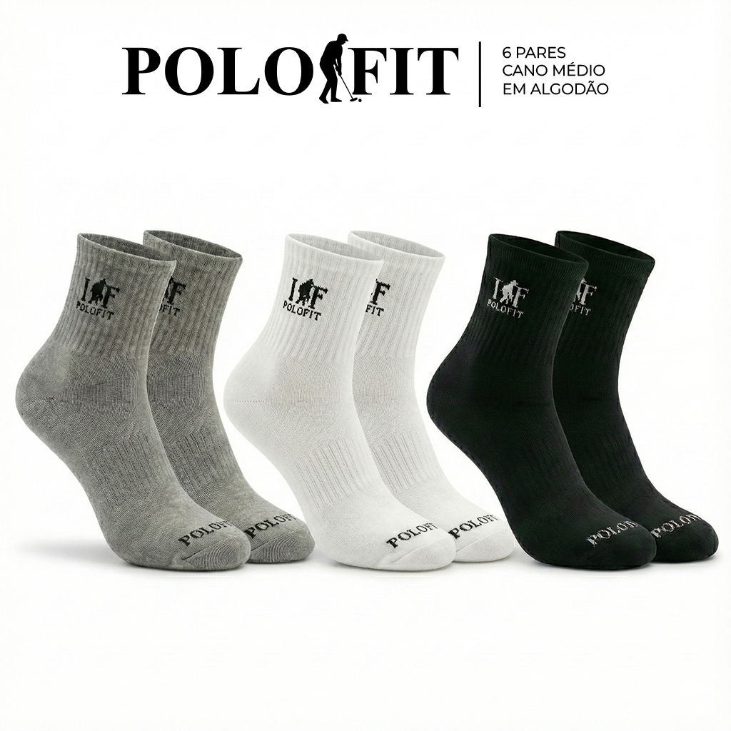 Kit 3 Pares Meia Cano Médio Algodão Original Masculino Feminino Polo Fit em Oferta na Shopee