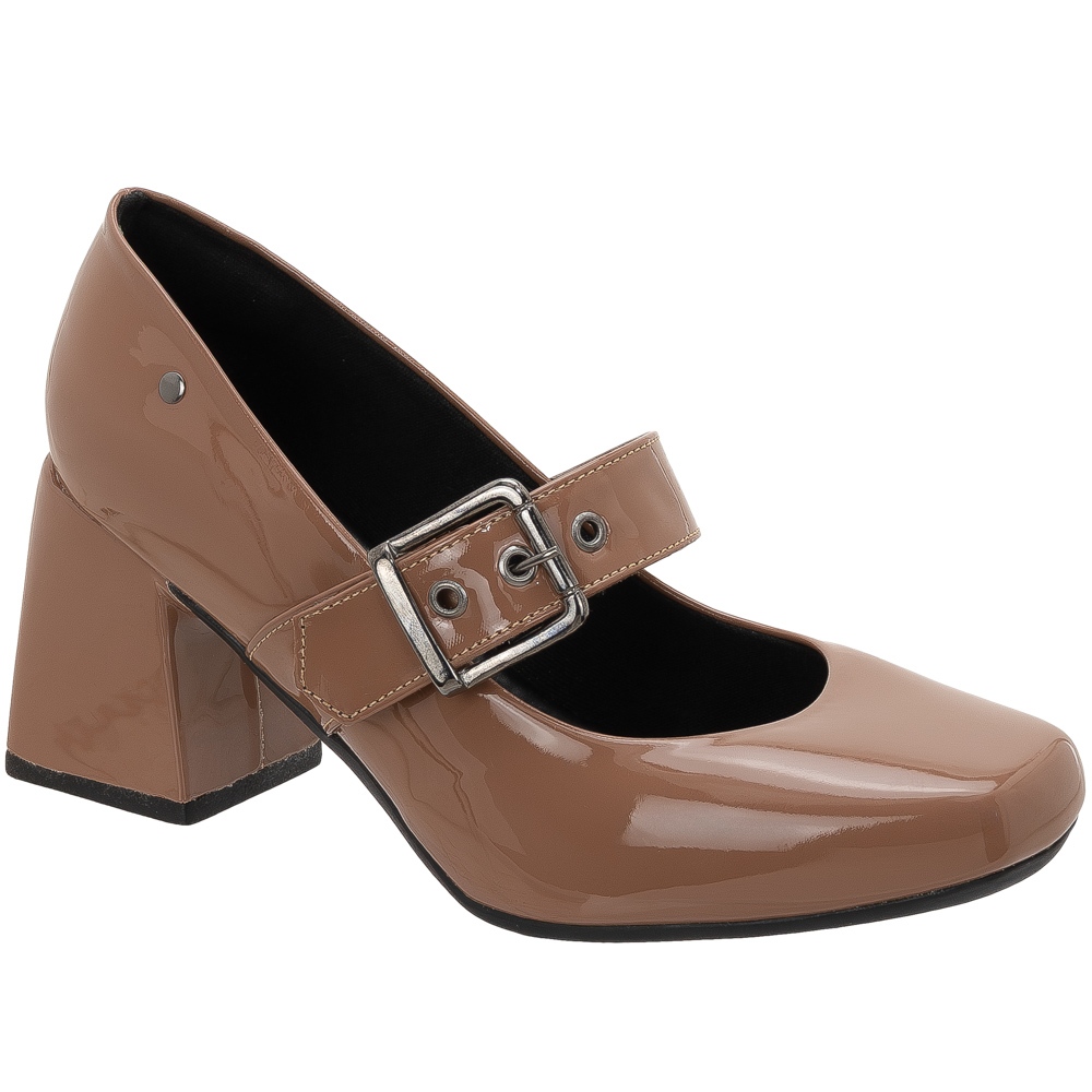 Scarpan Feminino Social Confortavel Com Fivela Salto Grosso Alto Bico Redondo