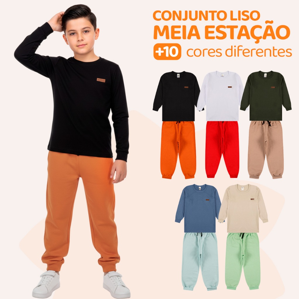 Kit 10 ou 4 Peças Conjunto Camiseta Manga longa e Calça Moletom Menino Infantil Inverno Meia Estação Masculino Frio