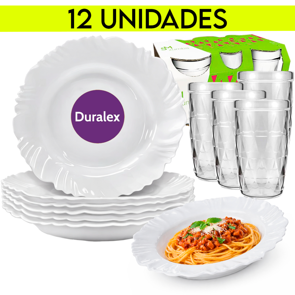 Kit 12 Peças 6 Pratos Pétala Fundo Opaline Duralex 6 Copos Zumba 270ml Buffet Resistente a Queda