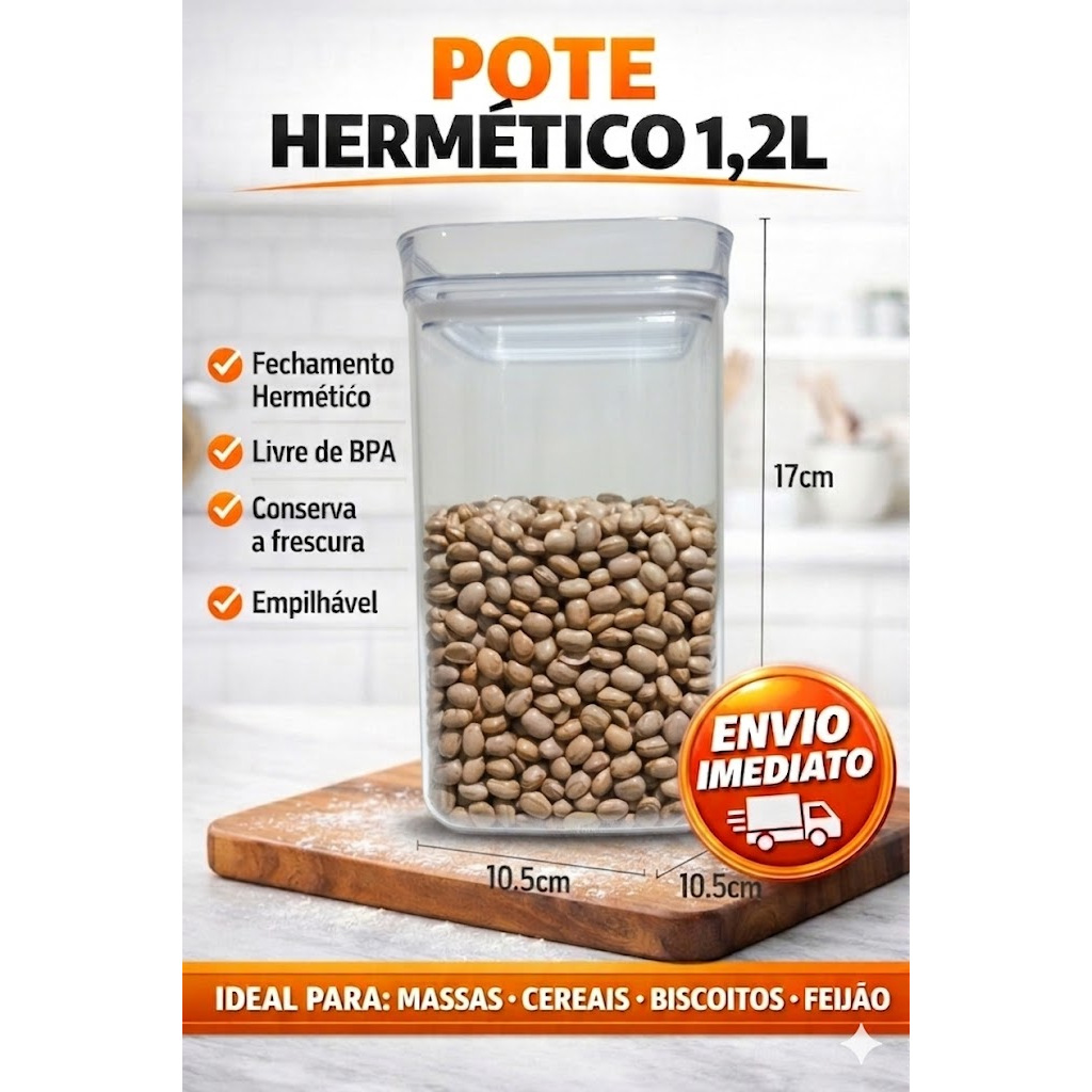 Pote Hermético 1,2L Transparente Organizador Porta Mantimento Empilhável BPA Free