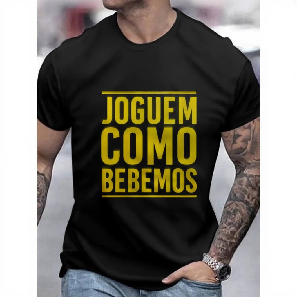 Camiseta Joguem Como Bebemos Algodão Unissex Copa do Mundo Futebol Brasil Casual Streetwear