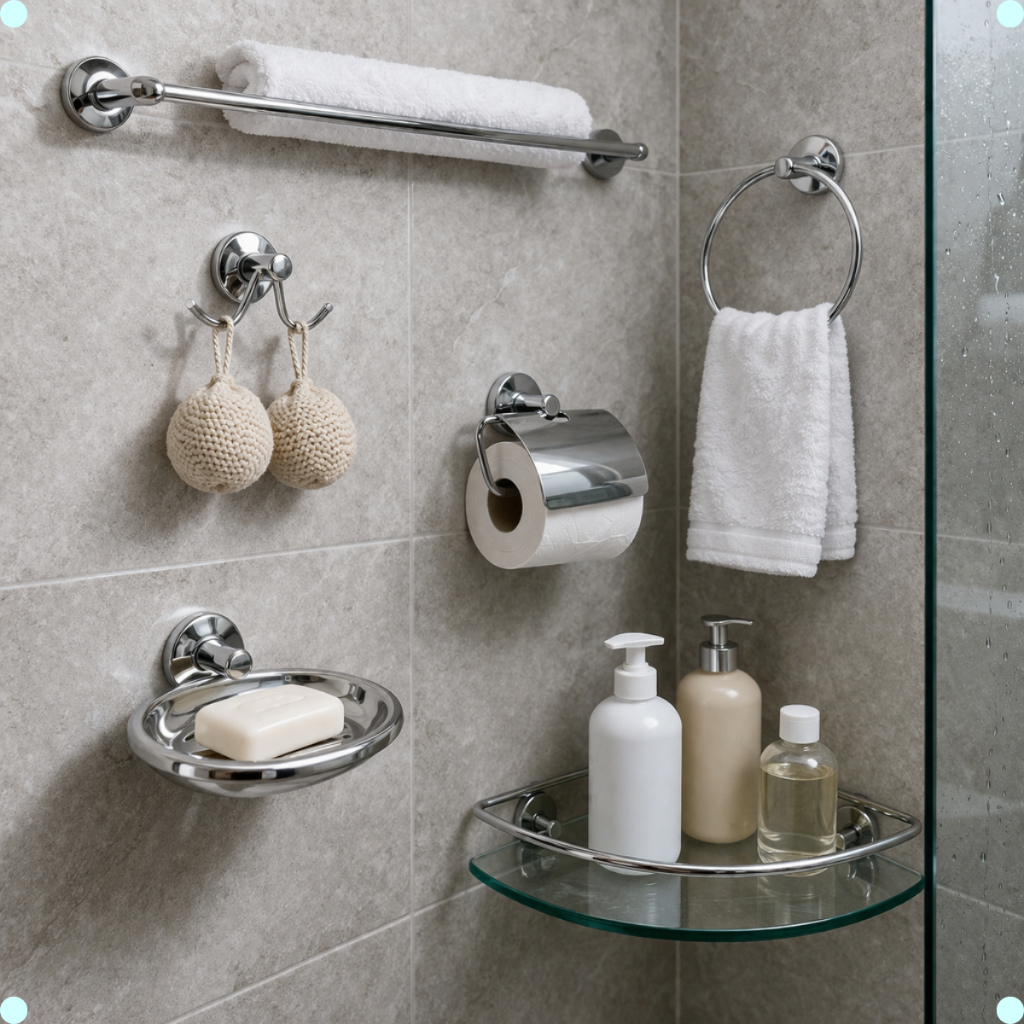 Kit De Acessorios Para Banheiro Inox Porta Shampoo Canto De Vidro